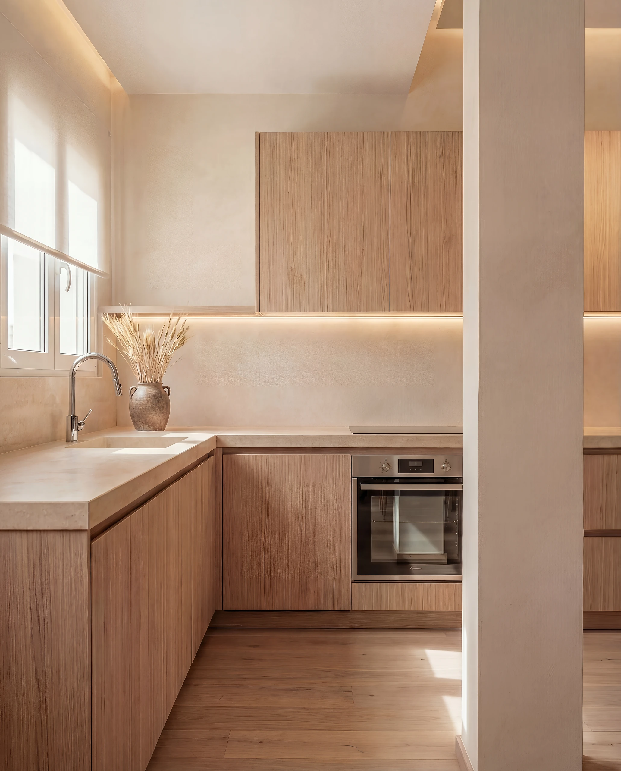 Cocina de roble con luz suave