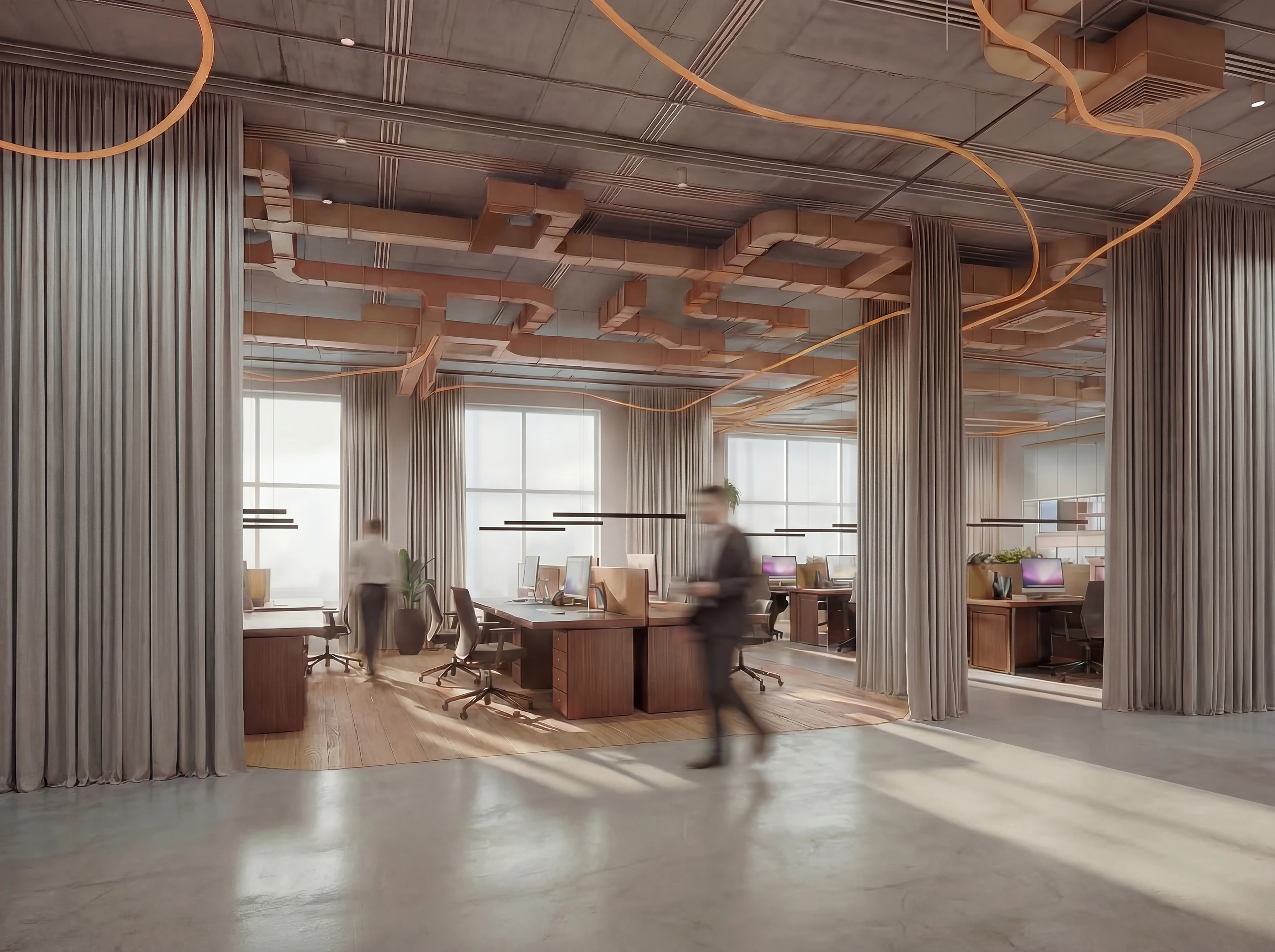 Cortinas que definen las áreas de trabajo